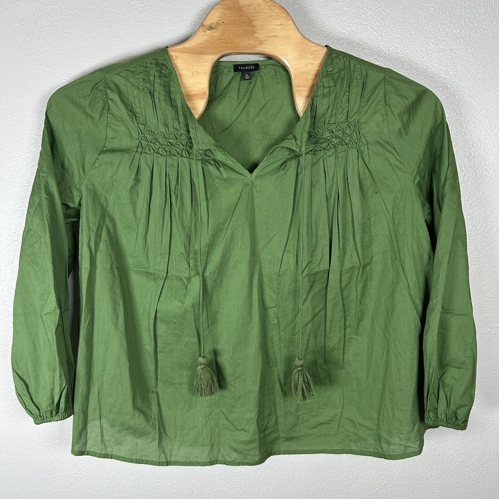 Talbots Popover Top Womens Size XL Green Long Sleeve Split Neck Cotton Tassels